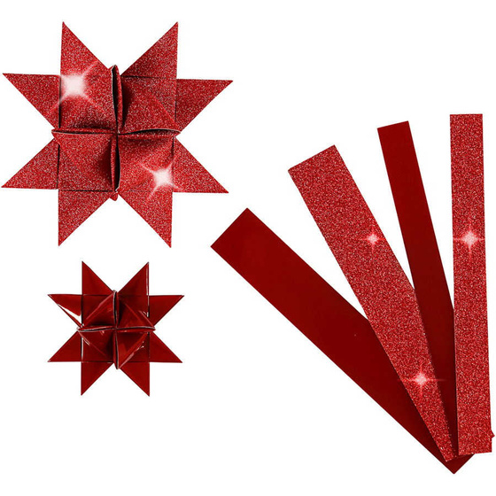 Papierstreifen für Fröbelsterne, 15+25 mm, 6,5+11,5 cm, Rot, Glitter und Lack, 40Streifen
