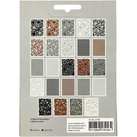 Block aus Karton mit Spitzen-Muster, A6,  200 g, Grau, Wei, Natur, Schwarz, 24 Stck