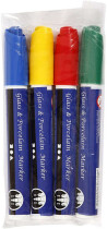 Glas- und Porzellanmalstifte, 5 mm, Blau, Grün, Gelb, Rot, halbdeckend, 4 Stück