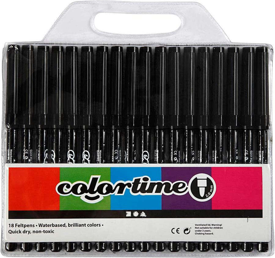 Colortime Filzstifte, 2 mm, Schwarz, 18 Stück