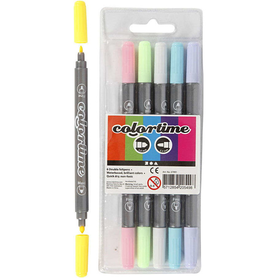 Colortime Doppel-Filzstifte, 2,3+3,6 mm, Pastellfarben, 6 Stck