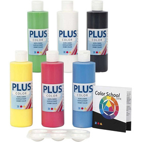 Plus Color Bastelfarbe - Farbschule, Primärfarben, einschl. Farbschulanleitung, 6x250ml