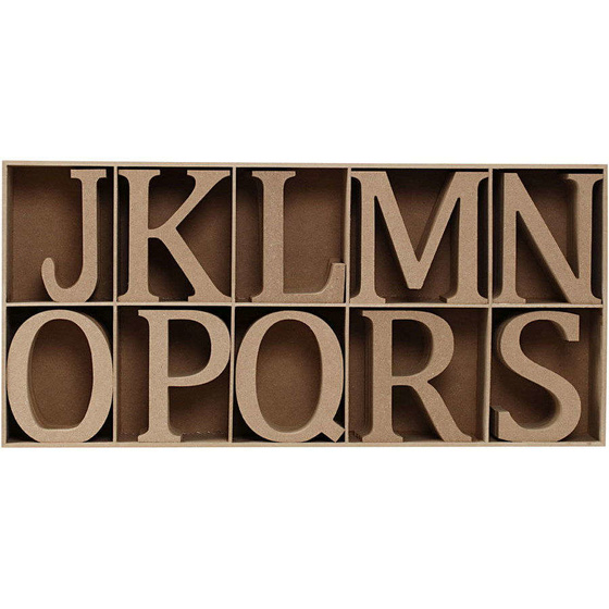 Buchstaben, Zahlen und Symbole aus Holz, inkl. gratis Holzdisplay, H 13 cm, Strke: 2 cm, MDF, 160 Stck