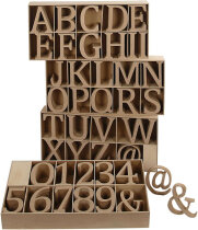 Buchstaben, Zahlen und Symbole aus Holz, inkl. gratis Holzdisplay, H 13 cm, Stärke: 2 cm, MDF, 160 Stück