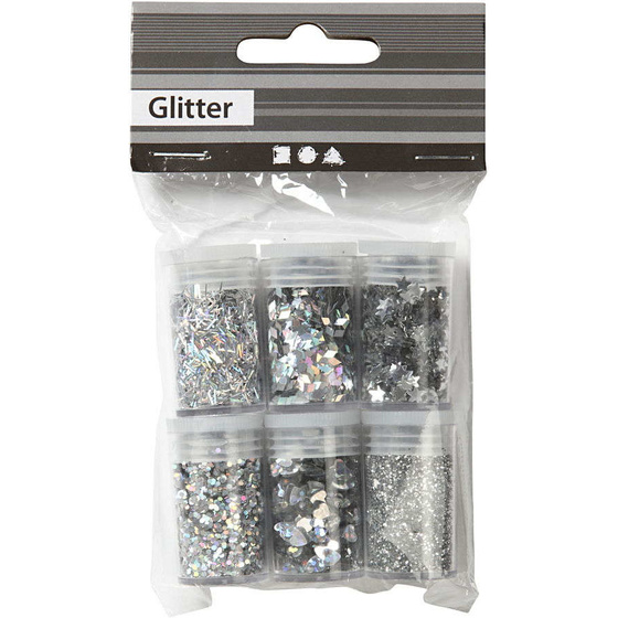 Glitter- und Pailletten Set, Silber, 6x5g
