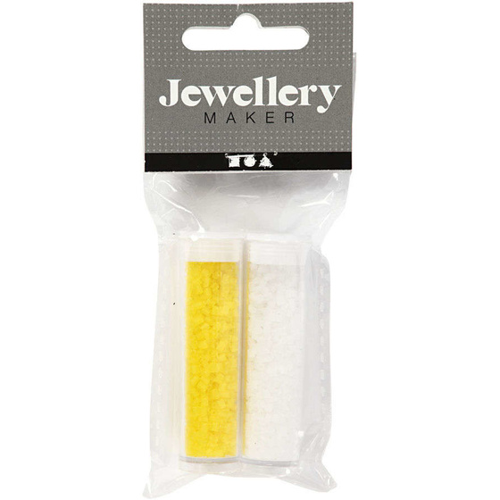 Rocailleperle, Größe 15; 1,7 mm, Transparent Gelb, Weiß, 2-cut, 2x7g
