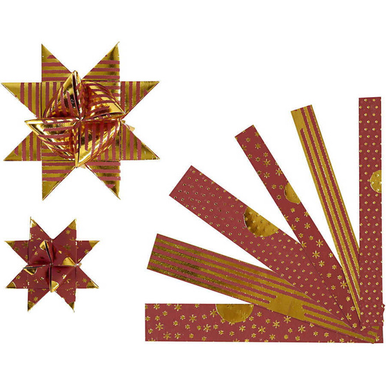 Papierstreifen für Fröbelsterne,  Gold, Rot, Metallic-Spitzen, 48Streifen