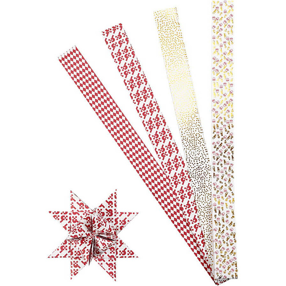 Papierstreifen für Fröbelsterne-XL, Weiß, Gold, Rot - Metallfolie, 40 Streifen