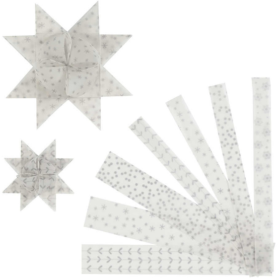 Papierstreifen für Fröbelsterne,  Weiß, Silber, Pergamentpapier, 48Streifen