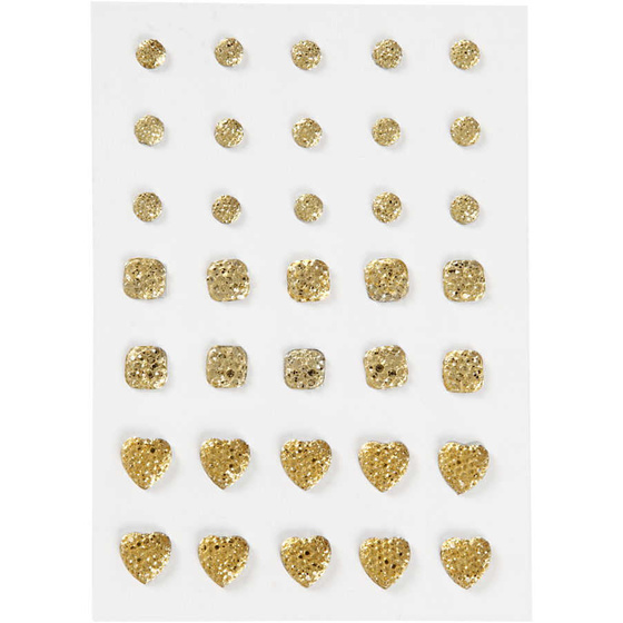 Strasssteine, Gold, rund, quadratisch, herzfrmig, 35 Stck, 1 Blatt