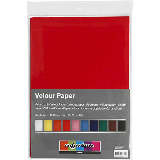 Velours-Papier, A4, 10 Farben, 10 Blatt