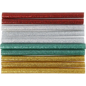 Heißkleber-Sticks - Sortiment, D: 7 mm, L 10 cm, Grün, Gold, Silber, Rot, 10 Stück