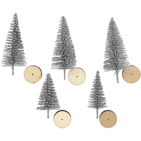Weihnachtsbäume, H: 40+60 mm, Silber, 5 Stück