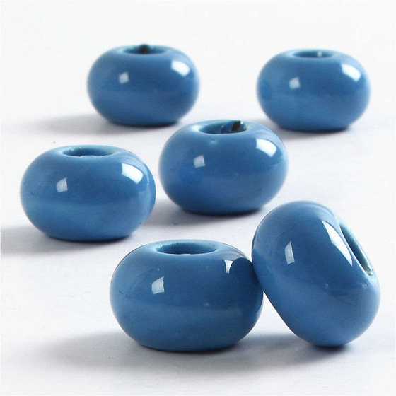 Keramikperlen, 15 mm, H 9 mm, Blau, rund, 6 Stck, Lochgre 5,5 mm
