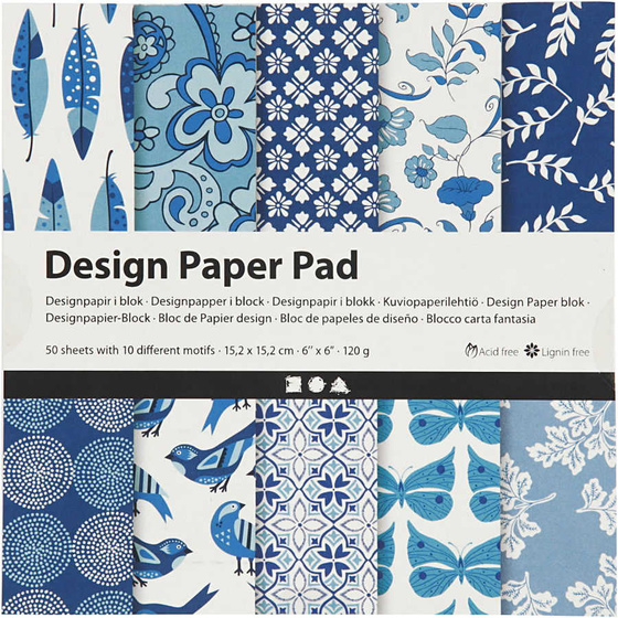Design-Papier im Block, 15,2x15,2 cm,  120 g, Blau, 50 Blatt