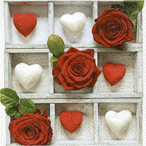 Servietten, 33 x 33 cm, Rote Rosen und Herzen, 20 Stück